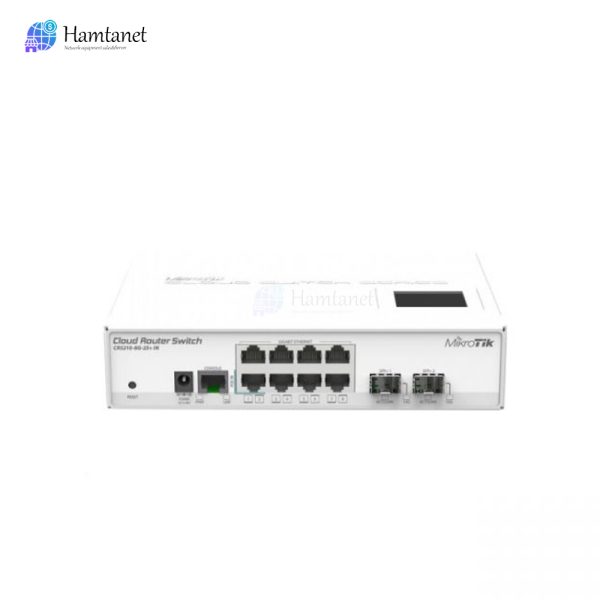 میکروتیک CRS210-8G-2S+IN یک دستگاه سوییچ-روتر با ابعاد کوچک و هزینه مناسب است که در سری از محصولات CRS قرار می گیرد. این محصول دارای 8 پورت گیگابیت اترنت و 2 پورت فیبرنوری با سرعت 10G یا +SFP است، قابل ذکر است پورت اول فیبرنوری آن از هردو ماژول با سرعت 1.25G و 10G و پورت دوم آن فقط از سرعت 10G پشتیبانی می کند. همچنین این دستگاه با ولتاژ 10 تا 57 ولت کار می کند. CRS ترکیبی از تمام امکانات یک روتر به همراه یک سوییچ لایه 3 است. در این دستگاه منوی Switch اضافه شده که امکانات مورد نیاز یرای سوییچ را فراهم می کند. علاوه بر آن اگر پورت ها را از این منو پاک کنید در مد روتر کار خواهند کرد. پکیچ محصول شامل باکس، آداپتور 24 ولت 0.8 آمپر و گشواره هایی برای قرار گیری در رک می باشد.