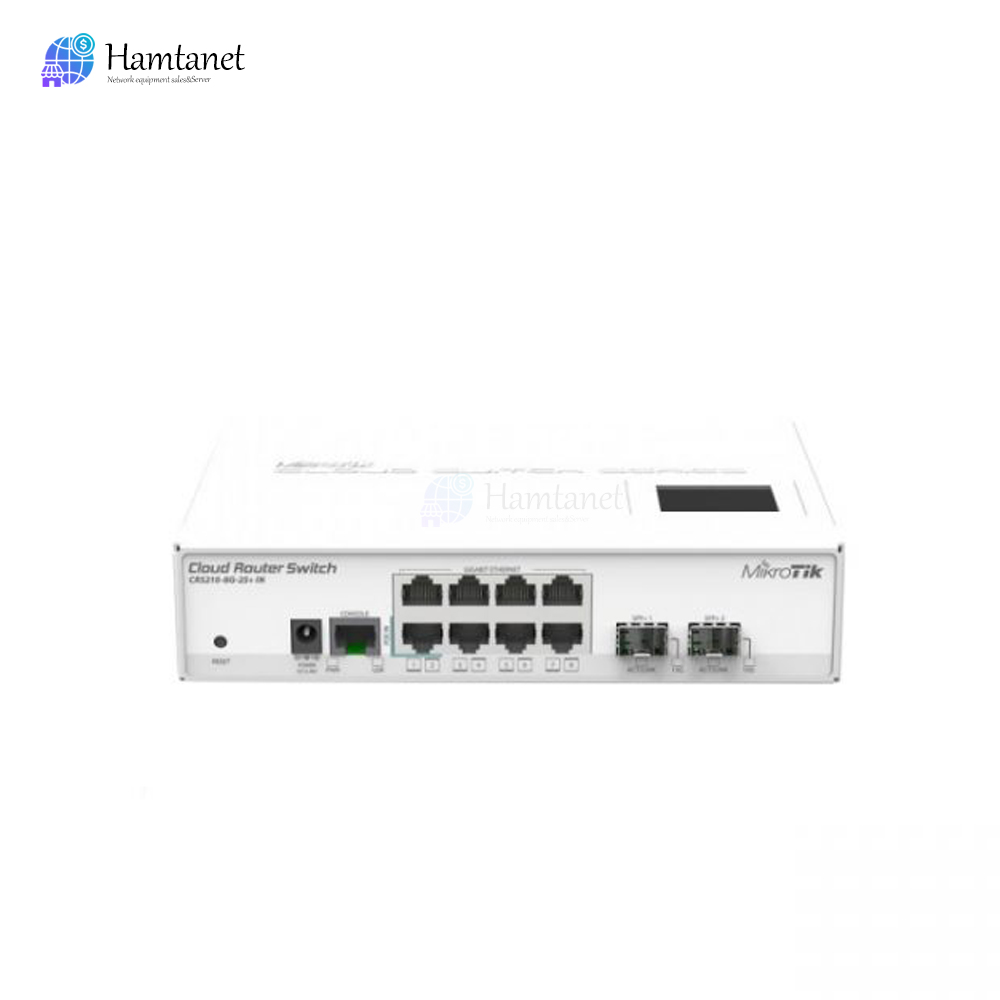 سوئیچ-میکروتیک-مدل-MikroTik-CRS210-8G-2S+IN-1 میکروتیک CRS210-8G-2S+IN یک دستگاه سوییچ-روتر با ابعاد کوچک و هزینه مناسب است که در سری از محصولات CRS قرار می گیرد. این محصول دارای 8 پورت گیگابیت اترنت و 2 پورت فیبرنوری با سرعت 10G یا +SFP است، قابل ذکر است پورت اول فیبرنوری آن از هردو ماژول با سرعت 1.25G و 10G و پورت دوم آن فقط از سرعت 10G پشتیبانی می کند. همچنین این دستگاه با ولتاژ 10 تا 57 ولت کار می کند. CRS ترکیبی از تمام امکانات یک روتر به همراه یک سوییچ لایه 3 است. در این دستگاه منوی Switch اضافه شده که امکانات مورد نیاز یرای سوییچ را فراهم می کند. علاوه بر آن اگر پورت ها را از این منو پاک کنید در مد روتر کار خواهند کرد. پکیچ محصول شامل باکس، آداپتور 24 ولت 0.8 آمپر و گشواره هایی برای قرار گیری در رک می باشد.